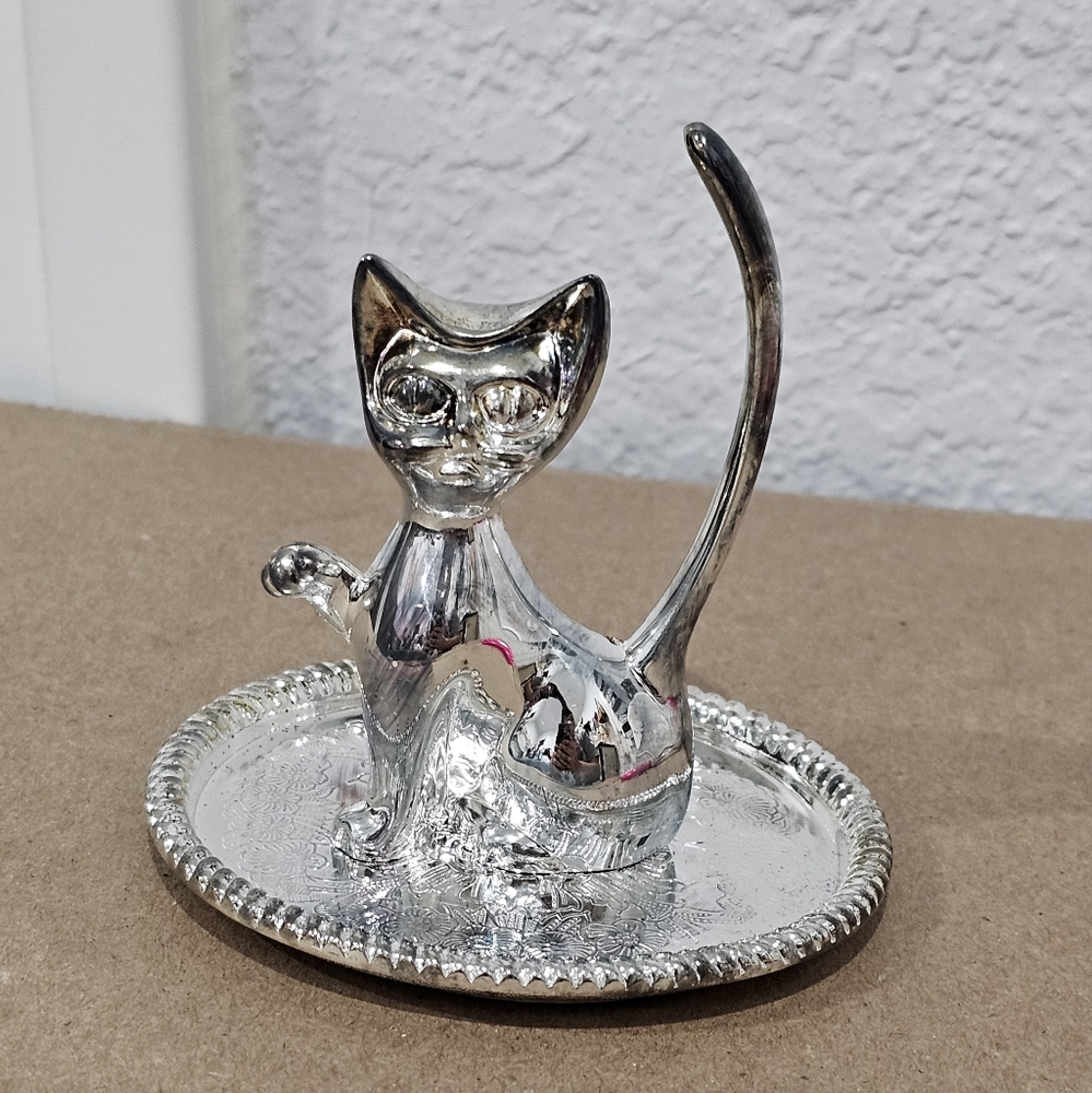 Vintage Cat Ring Holder Silver Plated 3.5"